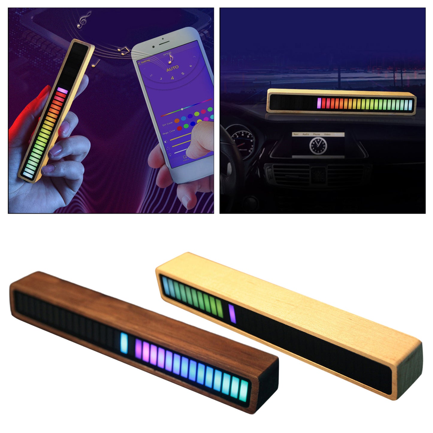 Solid Wood Bluetooth Voice Control Pickup Rhythm Lights Music Spectrum LED RGB Car Atmosphere Audio Level Indicator VU Meter